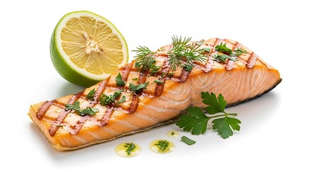 Deliciously grilled salmon fillet perfectly seasoned with fresh herbs parsley and dill served with a slice of lime and a drizzle of olive oil on a white background for a healthy meal.