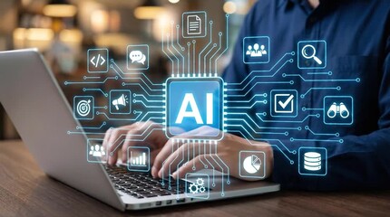 Human hands typing on a laptop, overlaid with a glowing AI processor and a network of digital business and data icons, symbolizing artificial intel... - Powered by Adobe