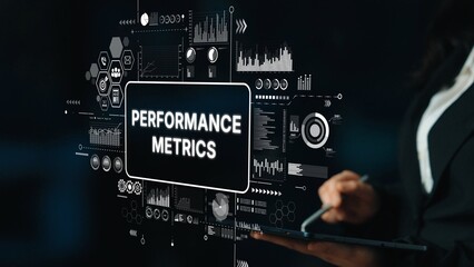 Business Professional Analyzing Performance Metrics with Digital Data Visualization Tools in Modern Office Environment. Asymptotic smart data analytic.
