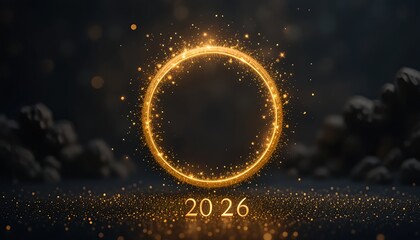 Elegant New Year 2026 concept with golden glitter circle, dark luxury background, soft sparkles, minimal typography space, premium festive illustration

