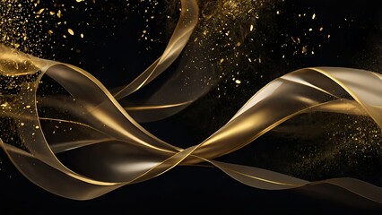 Luxury abstract background with golden dust particles, flowing ribbon lines, deep black canvas, cinematic glow, elegant festive mood for premium designs


