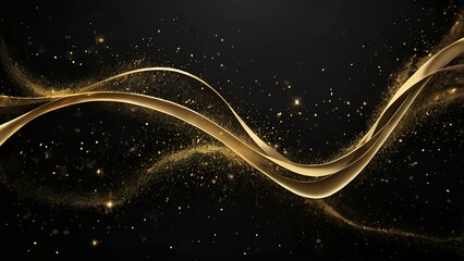 Luxury abstract background with golden dust particles, flowing ribbon lines, deep black canvas, cinematic glow, elegant festive mood for premium designs

