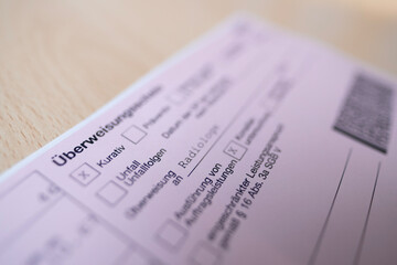 medical document in German REFERRAL FORM CURATIVE for MRI, referral on MRI, proactive healthcare practices and wellness education