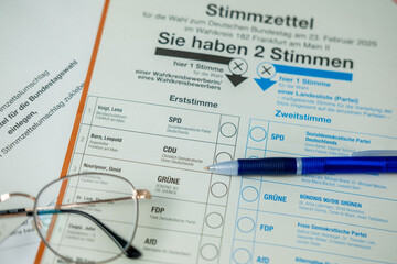 German election ballot paper with multiple parties and candidates to choose from ready to be filled out, democratic process, political choices in Germany, Frankfurt - February 6, 2025