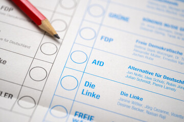 ballot paper German federal elections, marking ballot for AfD party, electoral integrity, democratic process and citizens voting rights, political choices in Germany, Frankfurt - February 6, 2025