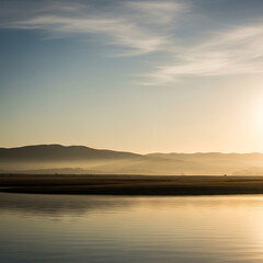 Obraz premium Serene Sunrise Landscape, Calm Waters, Mountain Range, Nature Photography, Peaceful Environment, Wide-Angle View, Tranquility Concept