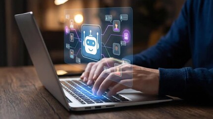 Person using laptop with holographic AI chatbot interface, symbolizing digital communication and future technology interaction - Powered by Adobe