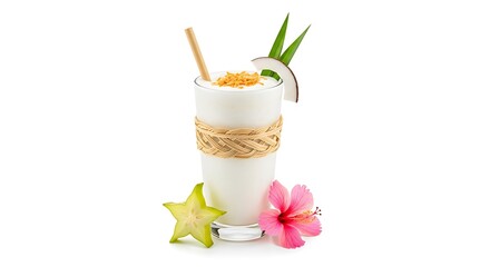 Refreshing tropical coconut drink with straw and fruit