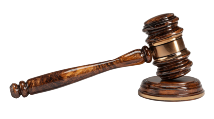 Gavel representing law, justice, verdict, and legal authority on transparent background, symbolizing court decisions and auction bids