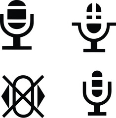 Microphone icon set: music, recording, podcast, mute, sound wave symbols in black 