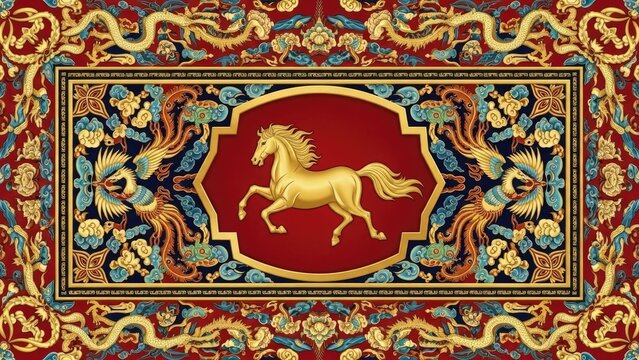 Majestic Golden Horse Amidst Ornate Traditional Oriental Rug Patterns, Illustrating Ancient Luxury and Cultural Heritage with Intricate Floral and Dragon Motifs
