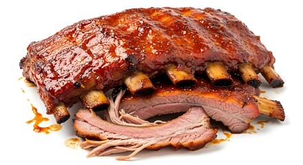 A thick slab of barbecue glazed pork ribs sits on a white surface with a piece pulled apart showing tender, juicy meat texture.