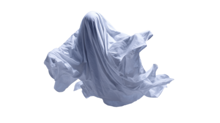 Floating spirit covered by white sheet for halloween, fear and spooky concept on transparent background