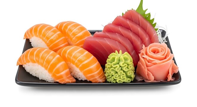 Delicious sushi platter featuring fresh salmon nigiri tuna sashimi and decorative wasabi served on a sleek black plate, perfect for a japanese cuisine dining experience or sushi lover's appetizer. - Powered by Adobe