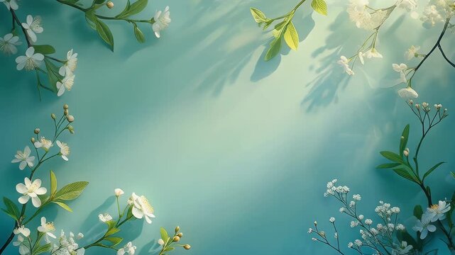 A serene spring background featuring delicate white flowers and vibrant green leaves framing a soft pastel blue canvas. Ideal for peaceful, fresh, and natural overlay or text display designs.