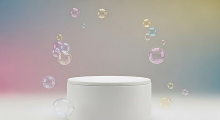 Minimalistic white podium with floating transparent bubbles in pastel colors, creating a soft, serene atmosphere, perfect for product display or advertisement, showcasing elegance and simplicity.