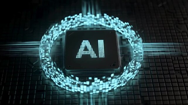Artificial intelligence core surrounded by glowing digital energy, futuristic ai processor animation, smart computing technology, neural network power, sci fi tech background