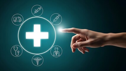 Hand interacting with medical icons and cross symbol on dark background