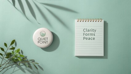 Tranquil Workspace Setup with Notepad and Motivational Pin for Clarity and Peaceful Mindset in Soft Green Background