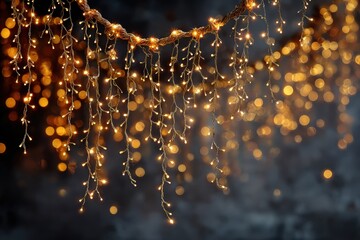 Amber fairy lights twinkle and glow creating a festive atmosphere, casting warm light on a dark backdrop with soft golden bulbs dangling