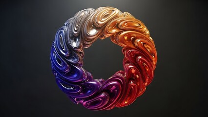 Colorful abstract swirl ring with a glossy finish on a dark background