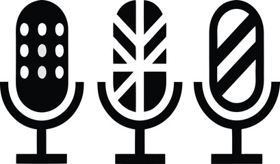 Microphone icon set: music, recording, podcast, mute, sound wave symbols in black 