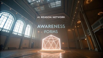 Illuminated geometric structure inside a grand hall symbolizing innovation and mindfulness in digital transformation experiences