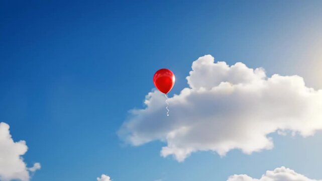Red balloon floats in blue, cloudy sky
