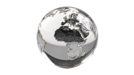 Glass planet earth globe on transparent background, showing africa and europe, global business and environmental concept