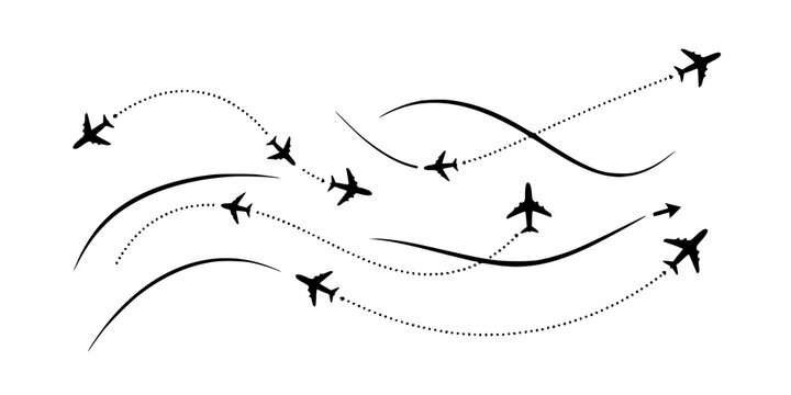 Flight path designs illustrating airplane tracking routes with dynamic dotted lines for travel maps and aviation concepts PNG
