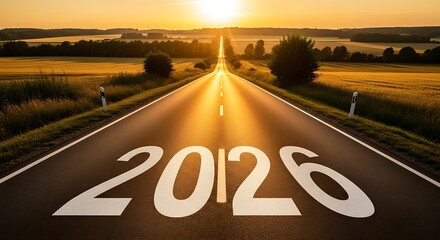 straight road leading to the year 2026 with a bright sunrise in the distance symbolizing new beginnings and a journey forward into the future on a serene and picturesque landscape.
