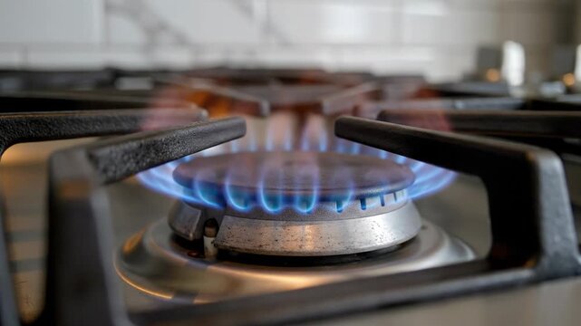 Close-up shows a lit gas stove burner with blue flames and cast iron grates on a gray countertop