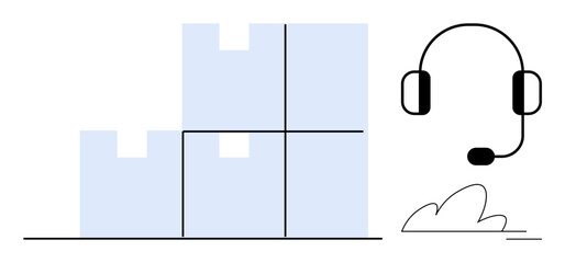 Logistics, customer support, supply chain, communication, ecommerce, packaging. Stacked boxes and a headset operational efficiency. Logistics and customer support are highlighted through simple