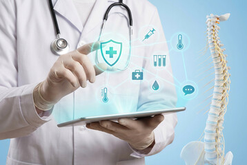 Doctor in white coat and gloves interacting with a futuristic digital health interface, displaying medical icons and a human spine model. Telemedicine and healthcare technology concept