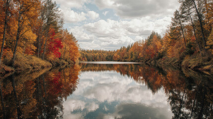 Autumn landscape with colorful trees lake and mountains reflecting calm nature