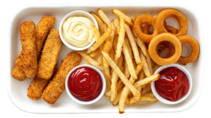 platter of french fries, onion rings, and fish sticks with ranch dressing