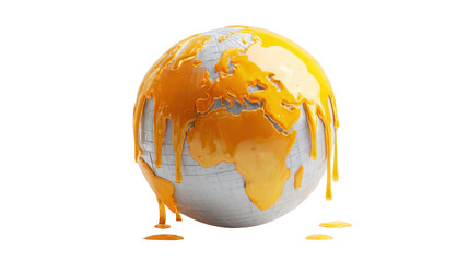 Earth globe melting with orange syrup representing global warming and climate change, transparent background