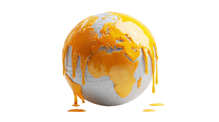 Earth globe melting with orange syrup representing global warming and climate change, transparent background