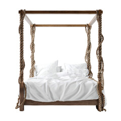 wooden bed with rope canopy, white background