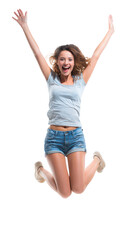 happy young woman jumping in the air, isolated on a white background