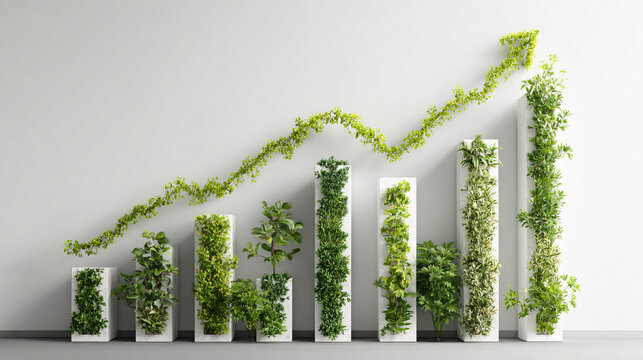 Financial growth concept features a rising bar chart made of vertical garden planters on a white wall representing the green economy.