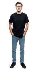 full-body shot of an attractive man wearing black jeans and a t-shirt