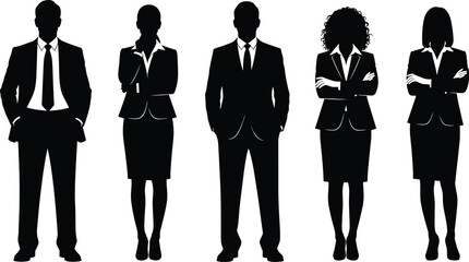 Black and white business professional silhouettes, standing corporate people, men and women in suits, formal attire group, team, white background.