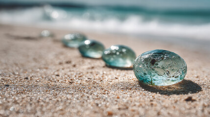 Zero waste innovation of biodegradable seaweed water spheres sitting on a sunny beach, symbolizing a plastic-free future.
