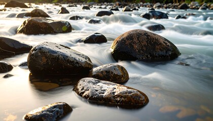 Long exposure of a serene river with smooth, milky water flowing around dark, wet stones during a beautiful golden hour sunset.