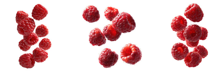 Red raspberries falling in three clusters isolated on a transparent background