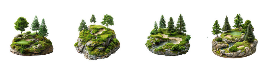 Four detailed floating islands with lush greenery and rocky bases ideal for game design on transparent background