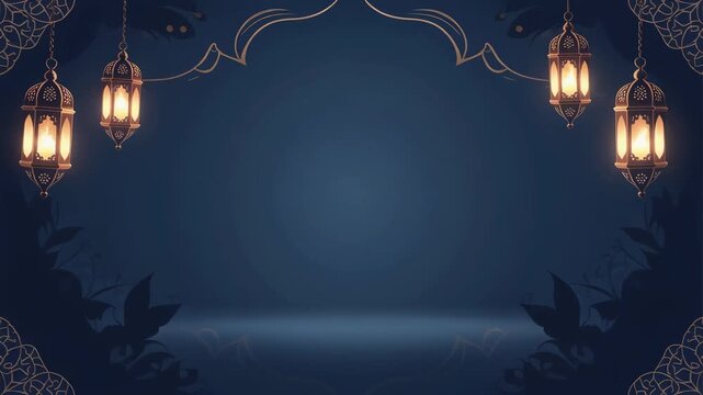 Beautifully animated dark blue background adorned with illuminated Arabian lanterns and intricate golden arabesque designs, suitable for various festive and cultural occasions and religious holidays.