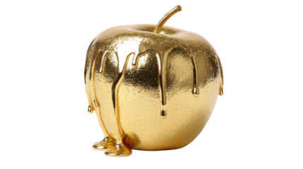 Golden apple dripping molten gold, symbolizing wealth, luxury, and precious temptation on transparent background