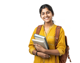 young indian female student with books and a backpack